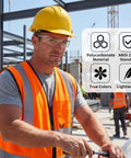 Construction worker wearing 10 Pack Clear Safety Glasses With ANSI Z87.1 Scratch Resistant Polycarbonate Lenses, Wraparound Eye Protection For Men And Women, Lab Goggles Built To Take Debris Wind Splash And Everyday Wear at a construction site.