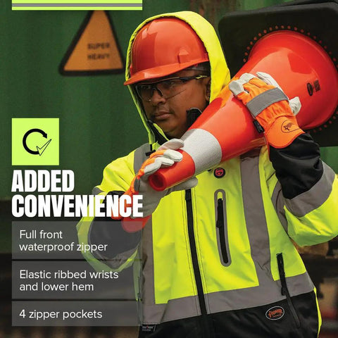 Worker wearing Hi Vis Heated Bomber Jacket For Men With Reflective Tape Waterproof Class 3 Winter Rain Gear Detachable Hood.