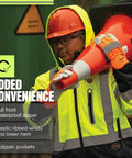 Worker in Hi Vis Waterproof Heated Safety Bomber Jacket For Men With Reflective Tape holding orange safety cone
