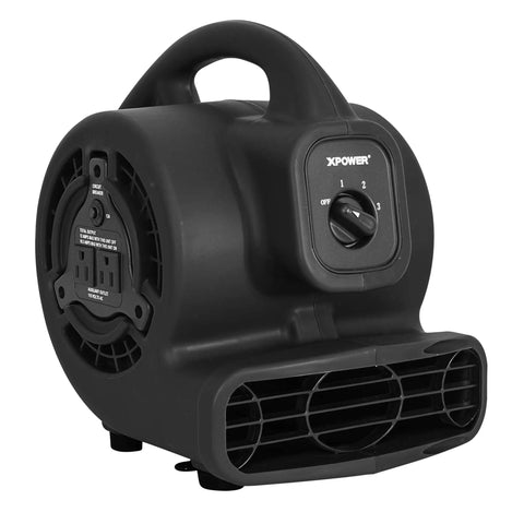 Mini Mighty Centrifugal Air Mover 138 Watt With 600 CFM for drying surfaces, black, side view with handle and control panel visible.