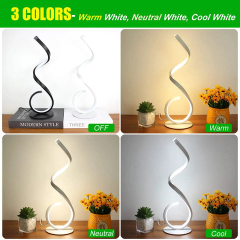 Spiral LED Table Lamp Set Of 2, 10W Dimmable, 3 Color Temp Options in warm, neutral, and cool light on bedside table.