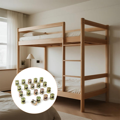 Bunk bed with inset showing 20 Pack M6 Slotted Cross Dowel Nuts Barrel Nuts Kit M6x13mm for furniture assembly, stainless steel.