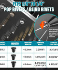 Image showing specifications for pop rivets and blind rivets, fits 1/8" to 1/4", supporting 2.4 to 4.8mm rivets.