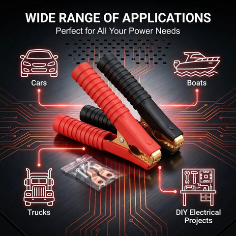 Heavy Duty 300A Alligator Clips For Car Battery Chargers And Jumper Cables Spring Loaded Insulated Replacement Clamps on circuit background.