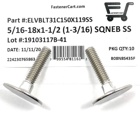 Heavy Duty Five Sixteen Eighteen By One Half Inch Stainless Steel Elevator Bolts Square Neck Design shown with packaging and barcode.