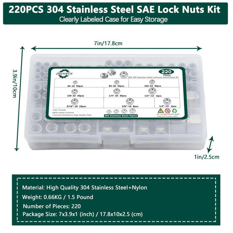220 Pieces Nylon Insert Lock Nut Set In 304 Stainless Steel With Inch Thread Sizes in labeled case