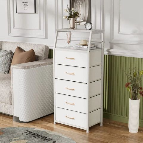 Five Drawer White Dresser With Wood Top And Steel Frame next to a sofa in a living room setting