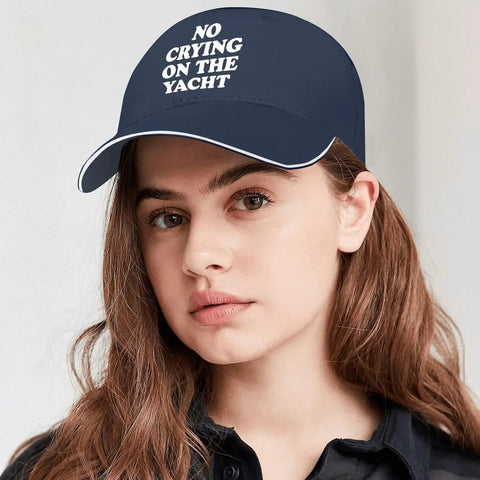 Woman wearing No Crying On The Yacht Baseball Hat For Dad Navy Adjustable Strap Cap With Clean Fit