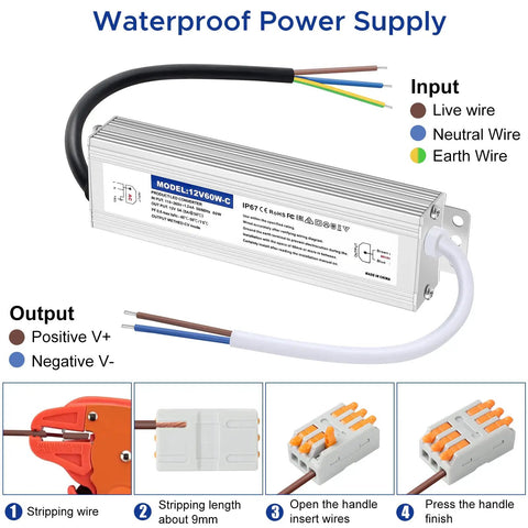 Tough As Nails IP67 Waterproof LED Power Supply 12V 60W 5A Hella Reliable 120V AC To 12V DC Converter with wiring diagram.
