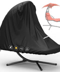Heavy Duty 73 Inch Waterproof Patio Hanging Chaise Lounge Cover With Handle Bombproof Durable 600D UV Protected All Weather Outdoor Hammock Chair Swing Protector Black covering a hanging chair with icons showing weather protection features.