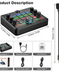 All In One Live Sound Card Mixer With Gooseneck Mic And Voice Changer For Streaming Gaming And Recording On Phone PC And Laptop Bluetooth DSP Reverb Noise Reduction with dimensions and accessories.
