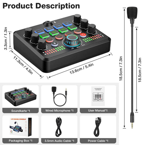 All In One Live Sound Card Mixer With Gooseneck Mic And Voice Changer For Streaming Gaming And Recording On Phone PC And Laptop Bluetooth DSP Reverb Noise Reduction with dimensions and accessories.