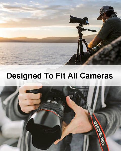 Person holding a camera with the Four Pack Beefed Up Stainless Steel D Ring Screw Adapter Kit For Cameras With Soft Cushion Base And Hassle Free One Quarter Twenty Thread Mount For Tripods Selfie Sticks Gimbals And Photography Strap Gear In Classic Black.