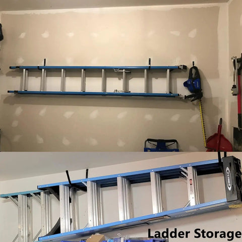 8 Pack Heavy Duty Wall Mounted Ladder Hooks With 12 Inch Jumbo Arm organizing a ladder in garage