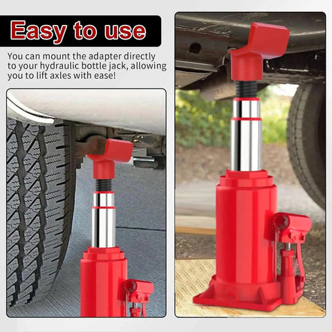 2 In 1 Bottle Jack Adapter Safe Steel Lifting Saddle for 3 Inch and 4 Inch axle tubes shown lifting a vehicle