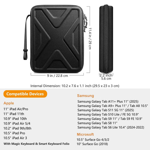 Premium Hella Protective 11 Inch iPad Portfolio Sleeve Case Fits All Recent Apple Tablet Models With Ultra Cushioned Interior, shown from front with dimensions.