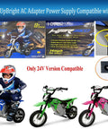 24V AC DC Adapter For Hyper HPR350 with images of compatible youth dirt bikes and charging socket details
