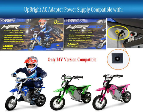 24V AC DC Adapter For Hyper HPR350 with images of compatible youth dirt bikes and charging socket details