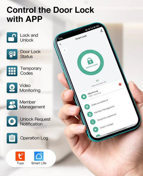 Smartphone displaying app interface for Video Smart Lock With Camera 2K HD, Keyless Entry, showcasing control features.