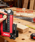 Hand adjusting Boss Level Narrow Rip Table Saw Jig with Dual Pulleys on wooden table, showing inch or metric scales