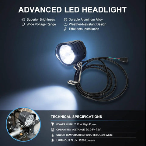 Three Pin Ebike Headlight With Horn For Night Riding, 12W Output, 4000 Lumens From Four LEDs, Universal Bike Light Fits 36V To 72V E Bikes, Durable Aluminum Housing, Waterproof, Road Or Trail Safe Illumination