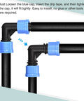 Elbow Barbed Locking Fitting For 16mm Drip Tape Tubing PE Plastic Blue demonstrating connection in irrigation system.