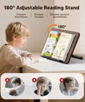 Child using All In One Floor And Desktop Wooden Book And Music Stand That Do It All With Solid Wood Build Adjustable Height from Sixteen Point Five To Fifty One Inches Hands Free Reading Stand With Page Clip For Cookbooks Sheet Music Bible Office And Home on a desk, showing 180-degree tilt functionality.