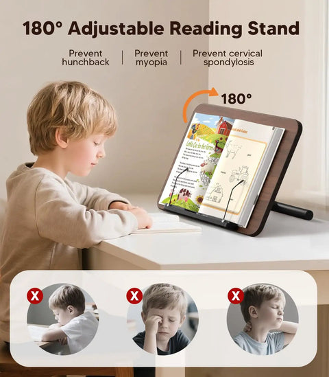 Child using All In One Floor And Desktop Wooden Book And Music Stand That Do It All With Solid Wood Build Adjustable Height from Sixteen Point Five To Fifty One Inches Hands Free Reading Stand With Page Clip For Cookbooks Sheet Music Bible Office And Home on a desk, showing 180-degree tilt functionality.
