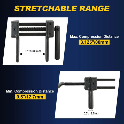 Heavy Duty Upgrade Disc Brake Pad Spreader Tool For Calipers, Universal Piston Separation And Brake Caliper Compression, Thickened Chrome Moly Steel Construction shown with max and min compression distances.