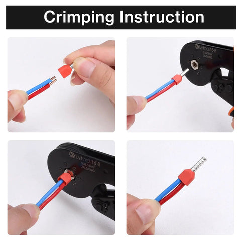 Crimping instruction for Ultimate Wire End Ferrule Kit 1200pcs For Stripped Wires Insulated Ferrule Crimp Pins, wiring process shown.