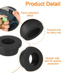 Four Pack Black Rubber Grommets With One Inch Drill Opening And Five Eighths Inner Bore To Plug Wall Holes And Secure Vinyl Tubing On Dash Panels Or Hydro Lines For A Kickass Heavy Duty Insulation Shield, showing flame retardant effect and tapered entry for easy installation.
