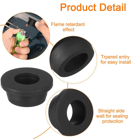 Four Pack Black Rubber Grommets With One Inch Drill Opening And Five Eighths Inner Bore To Plug Wall Holes And Secure Vinyl Tubing On Dash Panels Or Hydro Lines For A Kickass Heavy Duty Insulation Shield, showing flame retardant effect and tapered entry for easy installation.