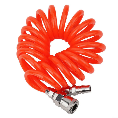 Knockout Recoil Air Hose 8 x 5 mm By 3 Meter Long Ultra Flexible Polyurethane Compressor Hose With Snap Connectors For Air Tool Kit Workshop Garage Or Pro Shop Job Site Pneumatic Tools And Gear Orange Finish Option coiled orange hose with metal snap connectors