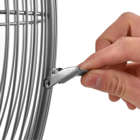 Close-up of hand adjusting steel guard on Beefy Deluxe Wall Mount Fan 30 Inch Diameter With Fixed And Oscillating Head 3 Speed 10000 CFM