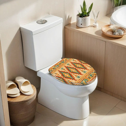 Elongated Native american indian ornament geometric ethnic Toilet Seat on a white toilet in a modern bathroom setting.