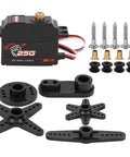 Rock Solid Digital Servo With 25 Gram Metal Gear For 1/12 RC Cars And Boats including gears and accessories in black.