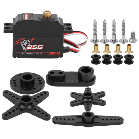 Rock Solid Digital Servo With 25 Gram Metal Gear For 1/12 RC Cars And Boats including gears and accessories in black.