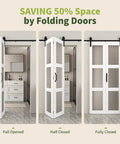 32 By 84 Inches Sliding Bifold Barn Door With Clear Glass Top Shelf Space Saving Interior Panel For Tight Spaces Bedroom Pantry Laundry Smooth Operator in full, half, and closed positions.