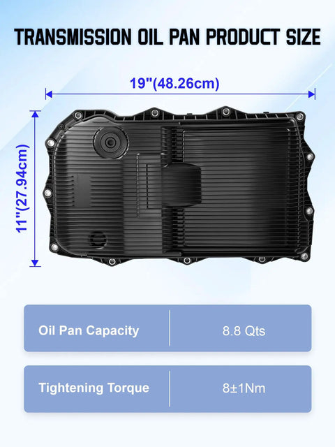 Transmission Oil Pan Heavy Duty Kit With Gasket For 8 Speed Automatic Transmissions 265 850 Built In Filter Drain Plug Oil Fill Plug Includes 13 Screws Fits 2013 2021 Dodge Chrysler Jeep Ram Vehicles, 19 x 11 in