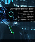 Wireless Guitar System 2.4GHz Transmitter Receiver With Smart Auto Pairing, shown pocket-sized at night with RGB indicator