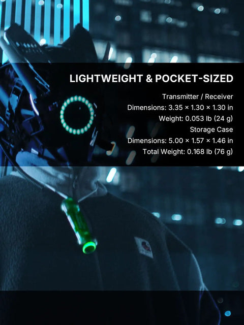 Wireless Guitar System 2.4GHz Transmitter Receiver With Smart Auto Pairing, shown pocket-sized at night with RGB indicator