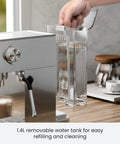 Quick Heat 20 Bar Espresso Machine With Integrated Milk Frother For Silky Lattes And Cappuccinos Boasting Rapid Boiler And Spacious Removable Tank showcasing 1.4L water tank being removed.