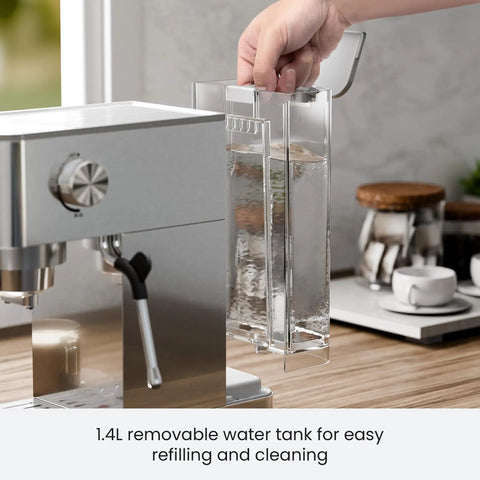 Quick Heat 20 Bar Espresso Machine With Integrated Milk Frother For Silky Lattes And Cappuccinos Boasting Rapid Boiler And Spacious Removable Tank showcasing 1.4L water tank being removed.