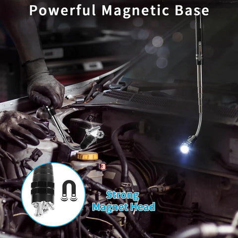 Mechanic using 3 Pack Telescoping Inspection Mirrors With LED Light and Magnetic Flashlight on car engine, bright LED in dark area