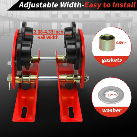 Heavy Duty I Beam Trolley 0.5 Ton Capacity With Dual Track Rollers Adjustable Flange 2.68 To 4.33 Inches For I Beams Compatible With PA200 To PA500 Push Manual Trolley Hoist, showing front view with adjustable flange width and components.