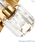 Detail of Hot Brass Gold Vanity Light Fixture With Four Crystal Lights For Bathroom Over Mirror Modern Wall Mount