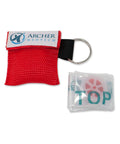 CPR mask kit in red fabric pouch with Archer MedTech label and metal key ring