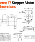 NEMA 17 stepper motor dimensions diagram with front and side views, shaft size, bolt pattern, and wiring layout.
