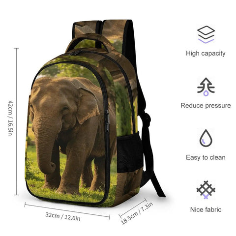 Elephant Printed Unisex Backpack With Large Capacity, Durable Polyester All Day Everyday Carry Bag with front view and size details.