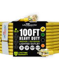 Yellow Heavy Duty 100Ft Outdoor Extension Cord Waterproof 3 Prong SJTW 10 Gauge 15 Amp 125 Volt coiled with label visible